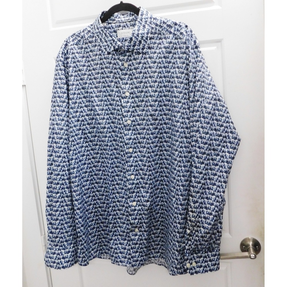 Eton Mens Navy Blue Contemporary Fit Geometric Shirt Size 46/18